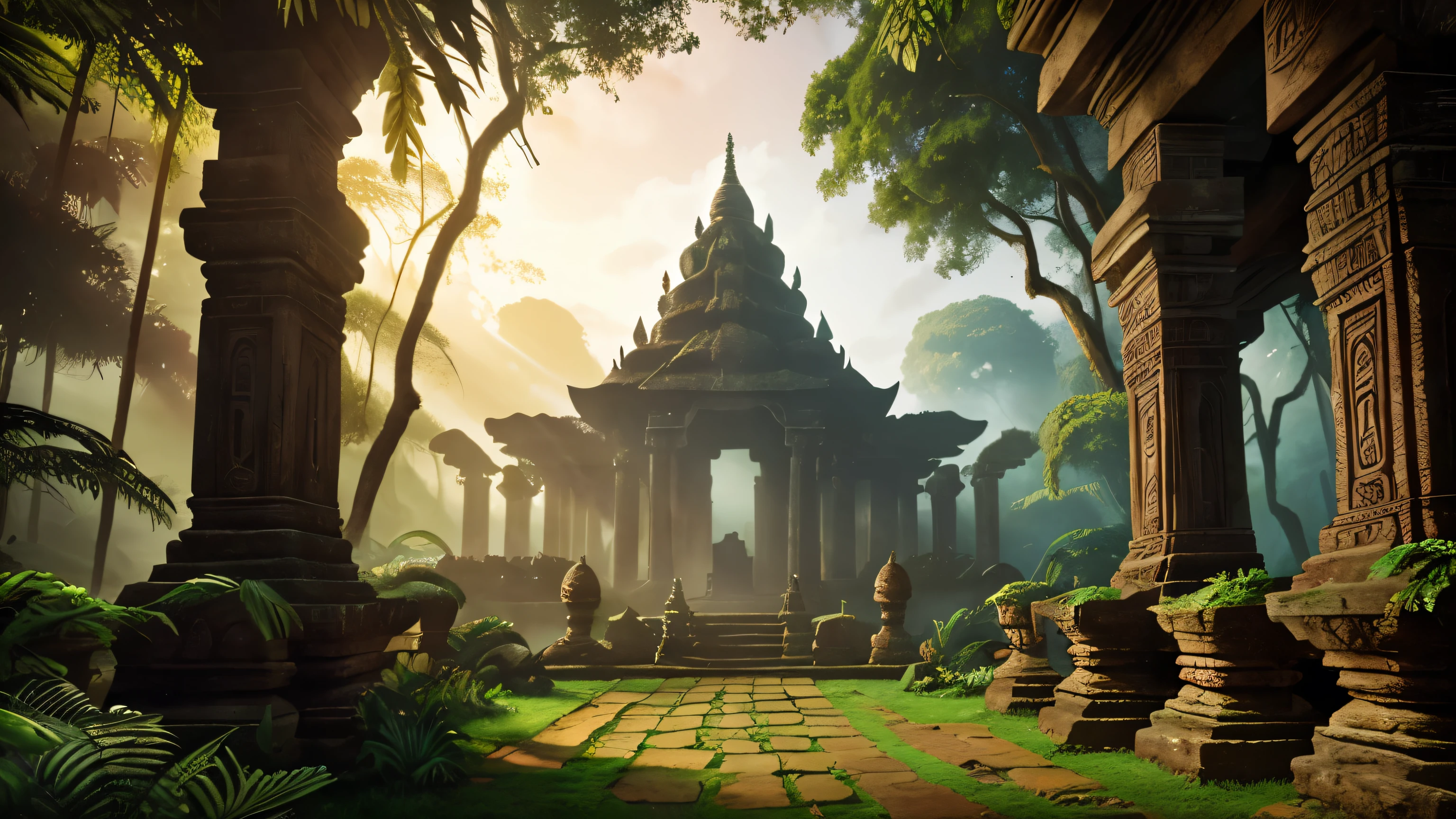 beautiful fantasy scene, 8k stunning artwork, deep jungle from another world, ancient indian temples, ancient jungle, wide angle fantasy art, beautiful ancient forest, enchanting and otherworldly, matte painting in fantasy style, mysterious temple setting, 4k highly detailed digital art, a mystical temple, 8k matte painting