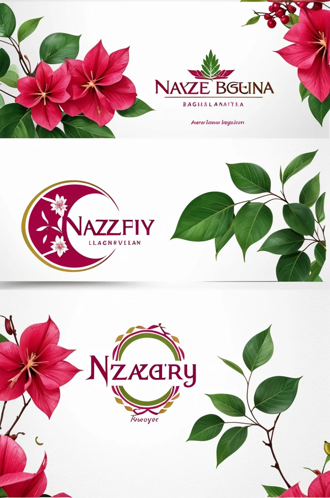 Generate logo for NAZYA brand labels. Bougainvillea and cherries theme. It should have elegant and fresh colors. The logo for the label must be eye-catching for the public but easy to remember.. Sober elegant and fresh. Small flowers and fruits.