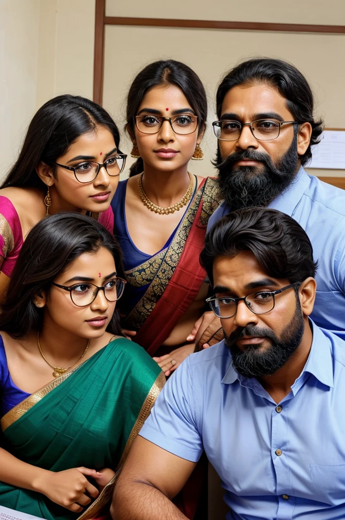 Create a banner for coaching institute where one male teacher wearing glasses and beard, three beautyful female wearing saree