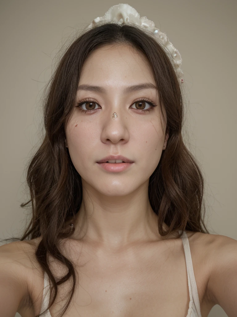 1girl, solo, photorealistic, realistic, middle age, a 30-year-old woman, ordinary mature woman, Japanese woman, Japanese woman, Japanese face, body of 30-year-old woman, ((ugly:1.6)), curly black hair, long hair, dark eyes, small nose, pointy jawline, deep cheekbones, shovel-shaped incisor teeth, pale-white skin, ((((selfie shot))))