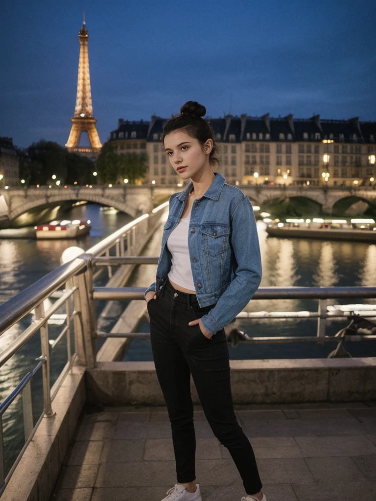 her name is Amelie, high quality, 1girl, ((20-year-old fit Caucasian woman)), ((20 years old)), ((fit)), ((Half-Up Bun dark hair)), pose: standing, wearing stylish Generation-Z modern wear aesthetic colored, BACKGROUND:Standing on a bridge over the Seine River, with the Eiffel Tower illuminated against the night sky