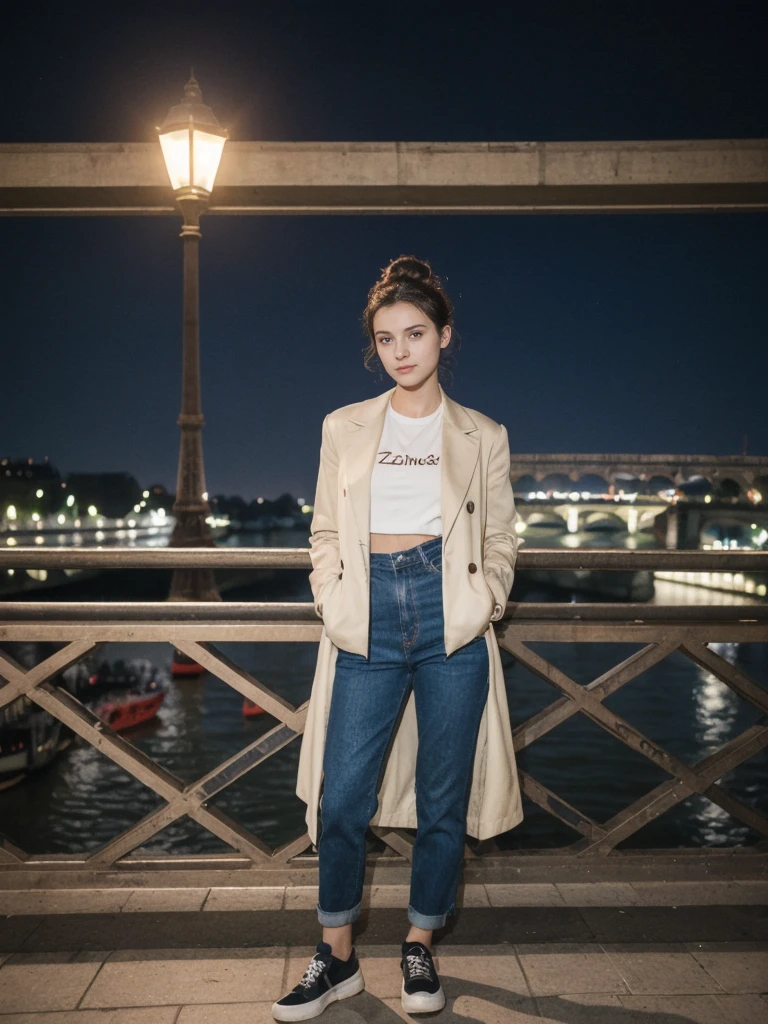 her name is Amelie, high quality, 1girl, ((20-year-old fit Caucasian woman)), ((20 years old)), ((fit)), ((Half-Up Bun dark hair)), pose: standing, wearing stylish Generation-Z modern wear aesthetic colored, BACKGROUND:Standing on a bridge over the Seine River, with the Eiffel Tower illuminated against the night sky