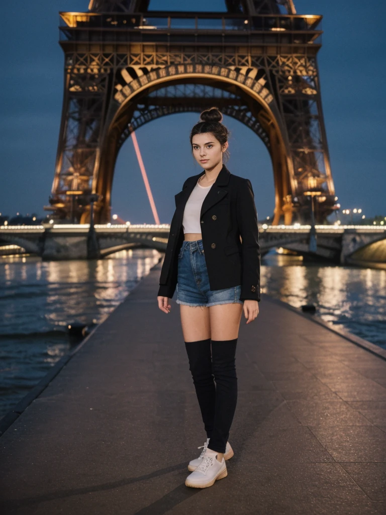 her name is Amelie, high quality, 1girl, ((20-year-old fit Caucasian woman)), ((20 years old)), ((fit)), ((Half-Up Bun dark hair)), pose: standing, wearing stylish Generation-Z modern wear aesthetic colored, BACKGROUND:Standing on a bridge over the Seine River, with the Eiffel Tower illuminated against the night sky