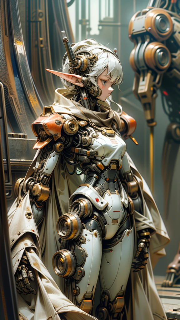 Dark_Fantasy,Cyberpunk,(chain saw,chain saw man,Red:1.1),1man,Mechanical marvel,Robotic presence,Cybernetic guardian, wearing a worn-out mech suit, intricate, (steel metal [rusty]), elegant, clear focus, New Star Ambassador Contest, elven girl , with mecca armor