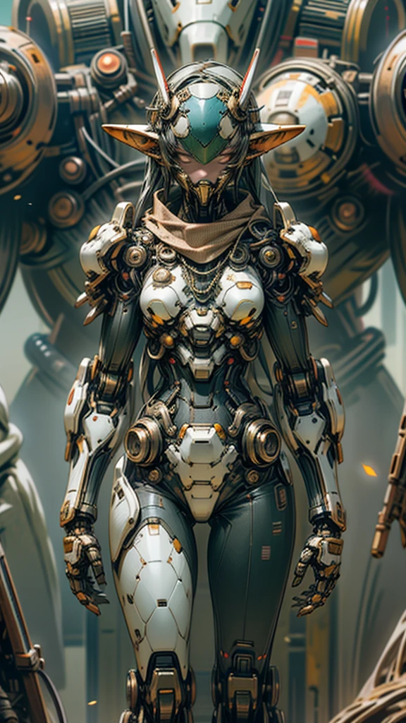Dark_Fantasy,Cyberpunk,(chain saw,chain saw man,Red:1.1),1man,Mechanical marvel,Robotic presence,Cybernetic guardian, wearing a worn-out mech suit, intricate, (steel metal [rusty]), elegant, clear focus, New Star Ambassador Contest, elven girl , with mecca armor