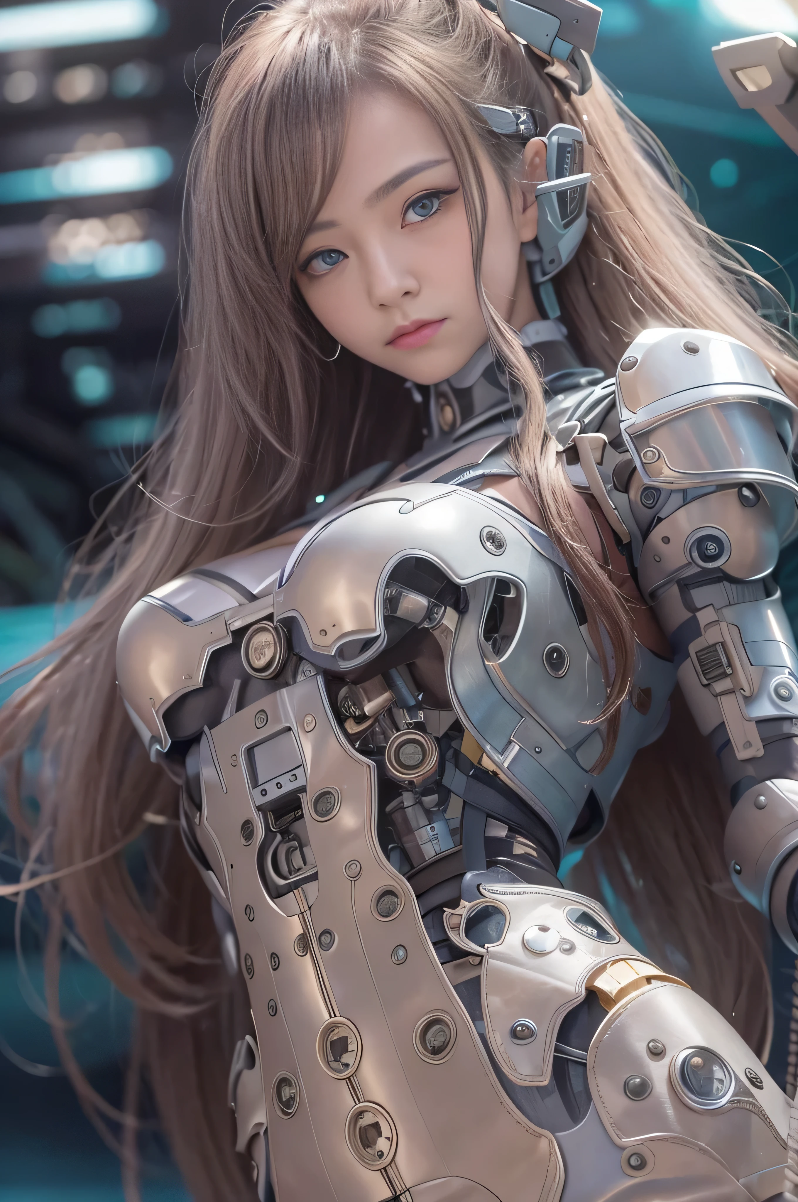 (RAW quality:1.4), Wide-angle shot, 1 female, Mecha, Sparkling blue eyes, , Japanese, Very embarrassed look, (Realistic:1.37), バイオMechaニカル, Complex robot, Cleavage, (Bare skin is exposed from under the chest to the lower abdomen.:1.4), Spaceship interior bokeh background, (Tied to a machine:1.4), Ultra-realistic, Very detailed, Very intricate details, Beautiful woman in sharp focus, Thin pubic hair,, Extremely realistic texture, Human-like skin, Realistic Hair, Realistic metal texture, Professional Lighting, Realistic, (Portrait photo taken with a 200mm telephoto lens), Biologically correct,