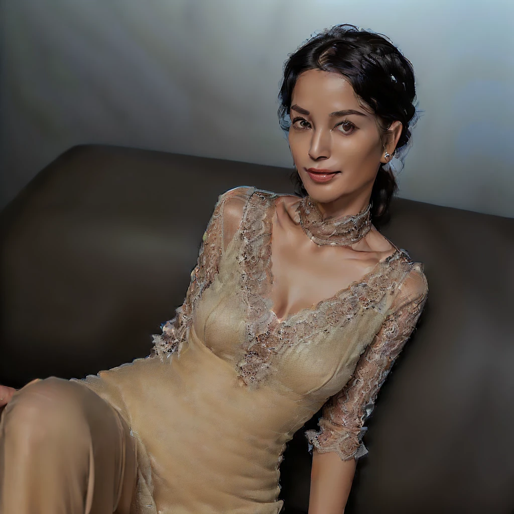 (((Ultimate Photorealistic, ultimate high-quality 32k photo))),(((American-shot photo taken from the front, looking at viewer seriously ))),(((( Seductive pose, 7 heads、Staring Intently :1.8)))),(((She has the perfect proportions of a goddess ,she is wearing a half sleeves matte dark beige classic elegant Transparent lace fabric very lacy one piece semi–long dress that fits her perfectly,Wide open V-neck, She is looking straight at the camera with a very shy look on her face.。light makeup、elegant black wet middle bob。An elegant and simple beige very thin choker.:1.4)))。((Highest quality)), ((masterpiece)), (((detailed))), (((midnight ,Modern hotel bar on a dark pouring stormy night, Sitting with Knees Up on sofa , spread legs, showing groin parts, very Low Key Lighting:1.9)))、(((A very beautiful, extremely elegant and intelligent 42 year old Japanese woman。A feminine, curvaceous body。Beautiful line from hips to thighs、Extremely beautiful legs and calves、The cleavage, thighs and groin parts are extremely visible.、An extremely elegant, calm and modest smile, My eyes are extremely watery、I&#39;m very horny、embarrassed ,blush, Curvy Body、Extremely realistic, detailed and beautiful depiction of face, décolletage, thighs and groin parts,Beautiful knees,Ultra-realistic skin texture:1.9)))、(((The skin is white and very soft。A very hot rainy summer night、I&#39;m pretty sweaty、Her underwear and clothes are quite see-through、When wet, it sticks tightly to the skin, revealing the beautiful lines of the body.、The skin is clearly visible through the extremely thin fabric.:1.9)))。((Healthy Body、The line of the chest, collarbone and extremely beautiful and feminine décolleté are the ultimate beauty.:1.9))。(((large&good hips、large&nice chests )))
