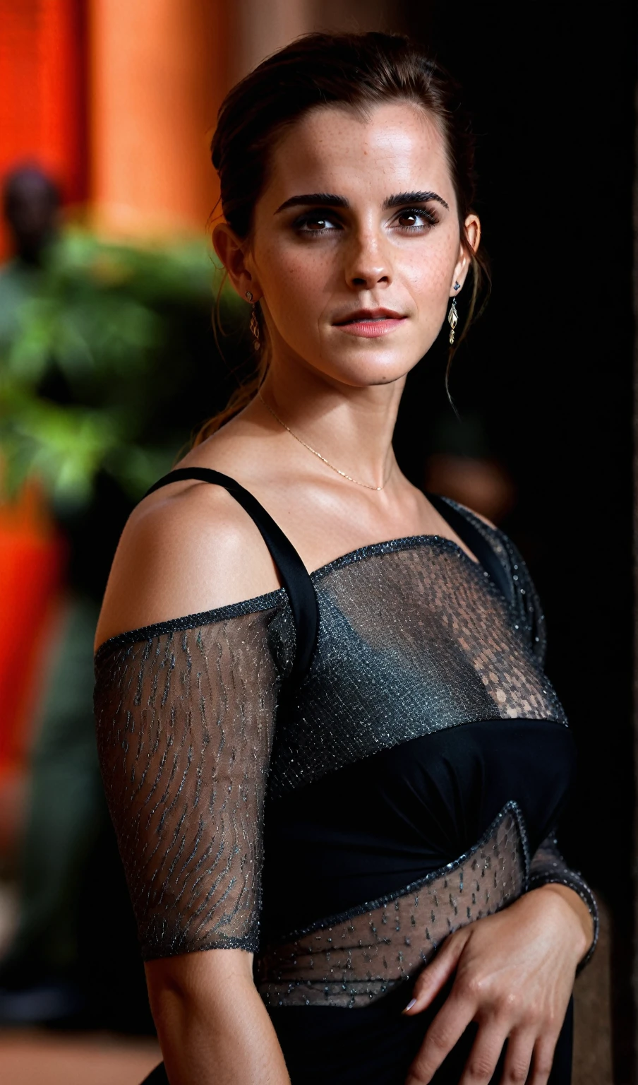 ultra realistic photograph of Emma Watson , sexy woman ( , hollywood actress , female , woman, realistic babe, celebrity ), outdoors, high neck Mekhela Chador, ( insanely detailed skin texture , depth of field, detailed eyes, photorealistic )