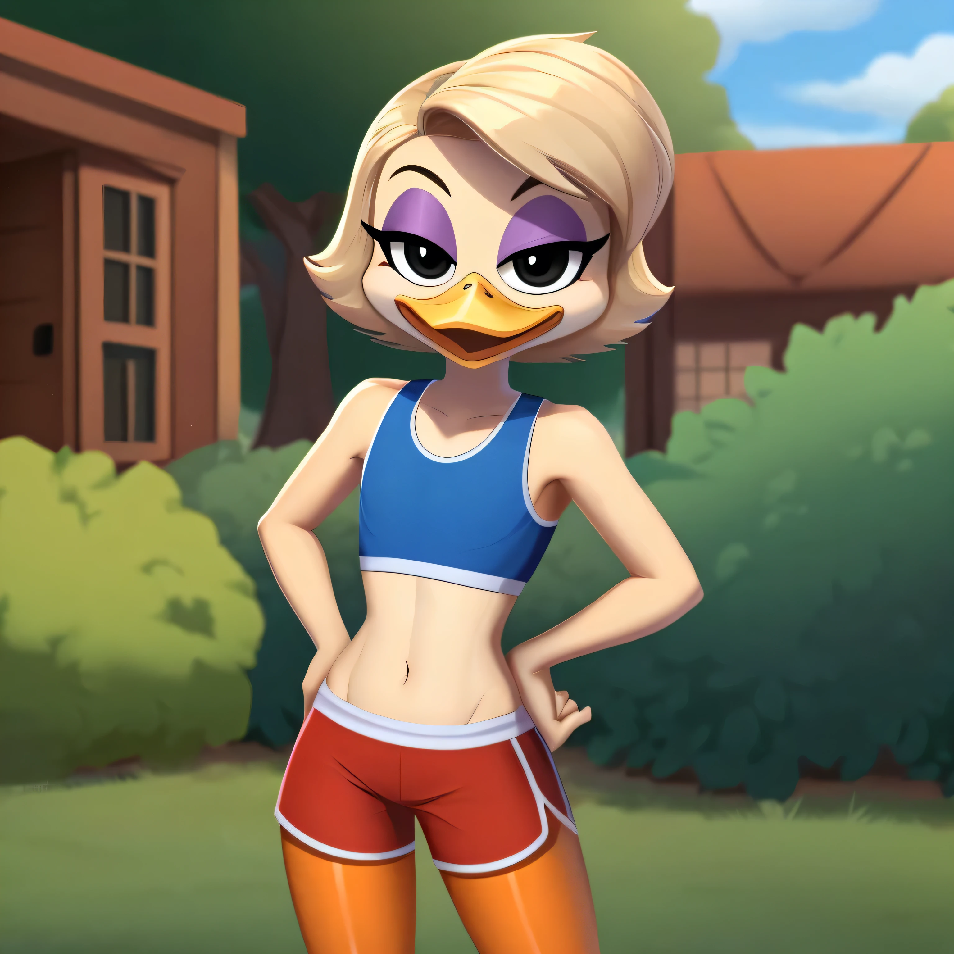 Allie Stoey Duck, female, tan hairstyle, (orange legs: 1.2), duck, (wears blue sports bra), (wears red shorts), happy, white skin, purple eyeshadow, black eyes, scut tail, hands on hip, (flat chested), skinny torso, ducktales, eyeliner, beak, standing, solo:1.2, duck, beak, eyeliner, black eyes, (outside), (looking at viewer), (showing her torso), (lovable attitude), (acting silly)