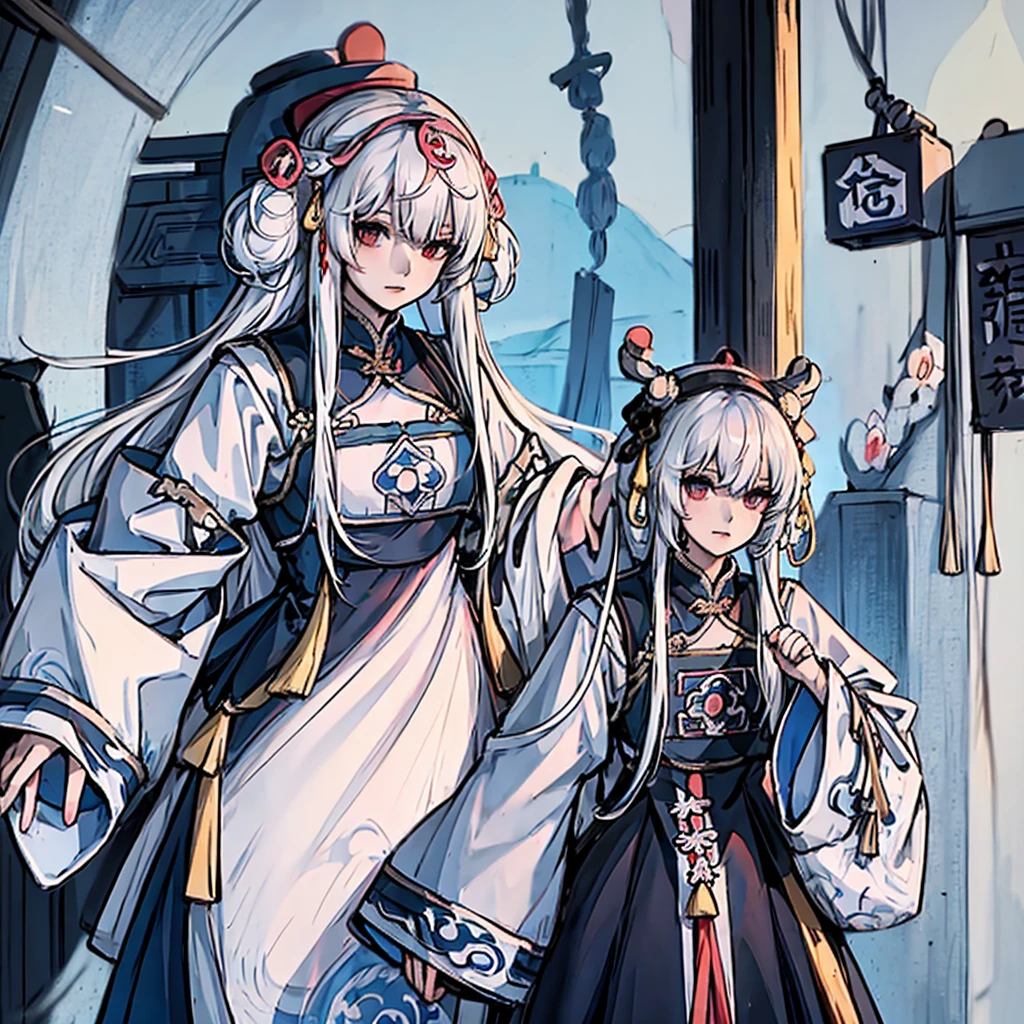 Woman with long white hair wearing black top and blue skirt, Japanese Goddess, Anime Girl Cosplay, White Ji haircut, palace ， Girl wearing Hanfu, Deer Meet, Hanfu, Anime role playing, In line with Chinese aesthetics, 穿着Chinese Clothing, Chinese Clothing, Chinese, black hime cut hair, Chinese Girl, anime-inspired