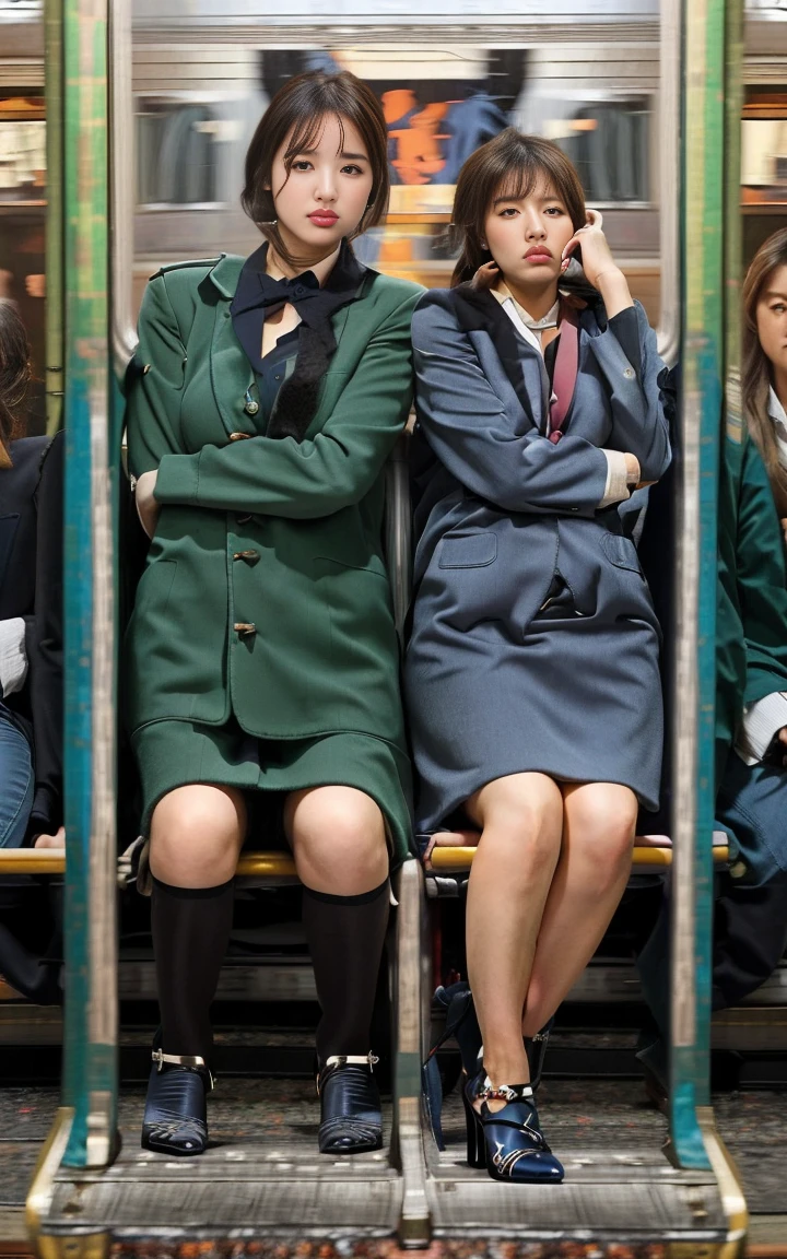 (sitting in a train seat:1.9), (whole body:1.8), (Don&#39;t cross your legs:1.8), (Panties are visible: 1.7), (High heels:1.6), Japanese women, Facing forward, Knees are visible, pantyhose, mini skirt, Random clothing color, Stunning proportions, Highest quality, big thick legs, Big long legs, massive legs, Plus Size, Legs are prominent, 16K resolution, Highest quality, Realistic, photo Realistic