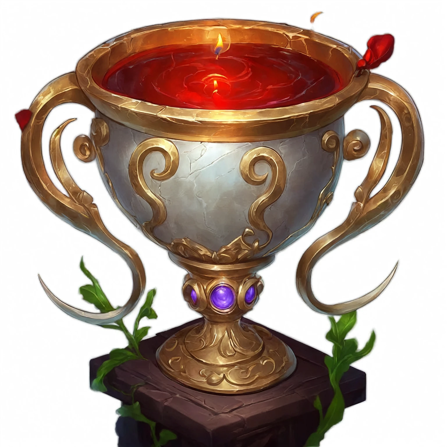 There is a big cup,There is a candle inside, Stylized game icons, Heartstone original art style, i League of Legends Champion, Overturned ornate holy grail, hearthstone style art, Fantasy game spell symbols,