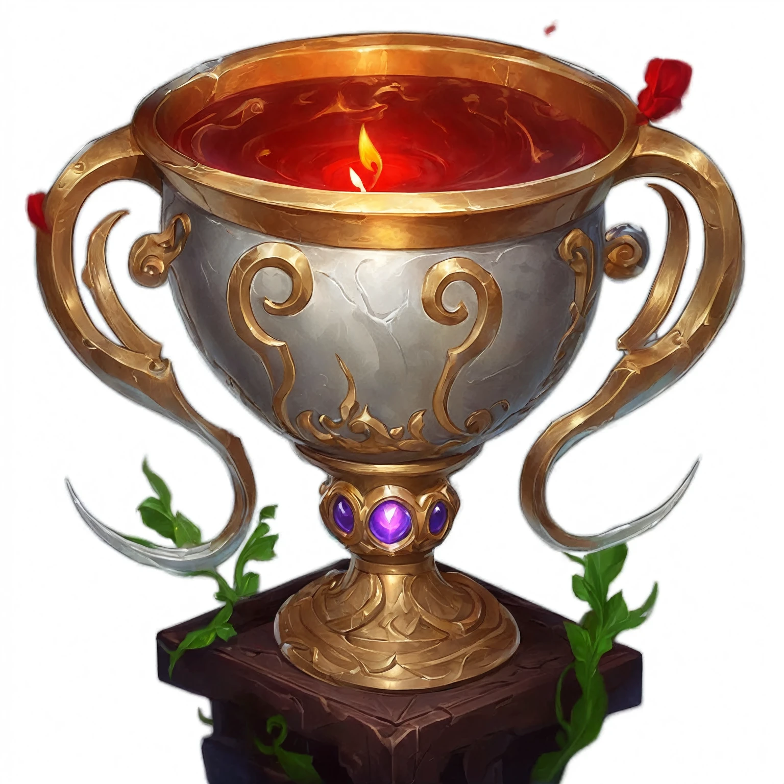 There is a big cup，There is a candle inside, Stylized game icons, Heartstone original art style, i League of Legends Champion, Overturned ornate holy grail, hearthstone style art, Fantasy game spell symbols, 