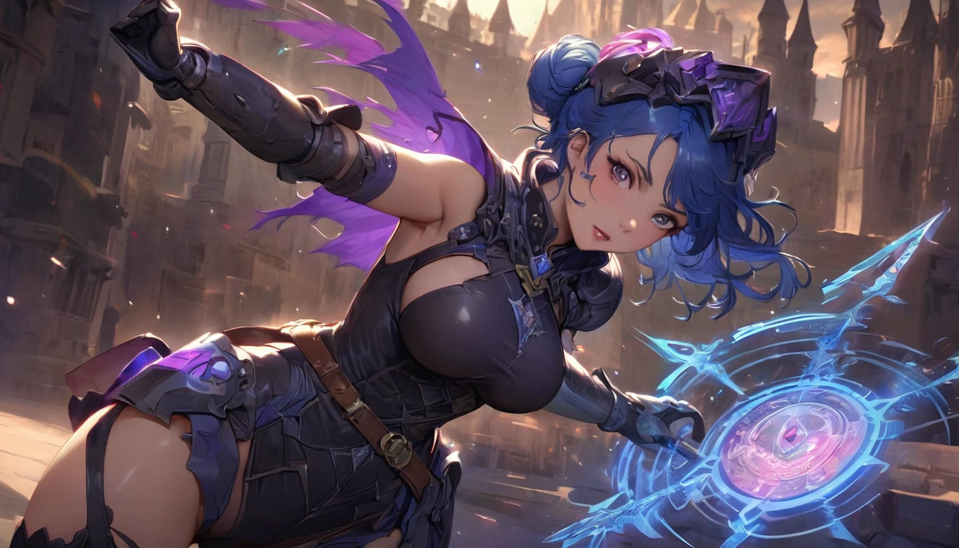 best quality,4k,8k,highres,masterpiece:1.2),ultra-detailed, extremely detailed eyes, extremely detailed body, (large masterpiece digital art), (detailed manga illustration), (detailed line art), ((perfect anatomy)), (intricate details:1.3), (ultra-detailed:1.3), (illustration:1.3), (sharp focus:1.3), (natural lighting:1.05), (vivid colors:1.3), (masterpiece), best quality, expressive eyes, perfect face, 1 girl, breasts, gloves, large breasts, {blue hair}, medium hair, wavy hair, (gray eyes), hourglass physique, huge ass, dynamic pose, dynamic lighting, fur trim, hair bun, glowing, crystal, helmet, armor, ((full armor)), cuisses, shoulder armor, belt, hand guard, boots, glove, particles stream, creationmagic, ethereal creation, Magic Circle, glowing, crystal, jim lee, Brazilian woman, hair bun, fur trim, jewelry, crystal, wild energy, cinematic lighting, heroic atmosphere, Beautiful woman, Atey Ghailan, Jeremy Mann, Greg Manchess, Antonio Moro, trend in ArtStation, trend in CGSociety, Intricate, High Detail, Sharp focus, dramatic and photorealistic painting art by Midjourney and Greg Rutkowski, Marvel Cinematic Universe style, (((mystical gothic castle in the background))), crystal sword in hand,