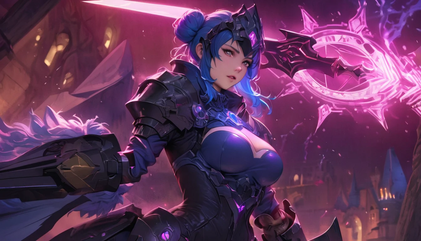 best quality,4k,8k,highres,masterpiece:1.2),ultra-detailed, extremely detailed eyes, extremely detailed body, (large masterpiece digital art), (detailed manga illustration), (detailed line art), ((perfect anatomy)), (intricate details:1.3), (ultra-detailed:1.3), (illustration:1.3), (sharp focus:1.3), (natural lighting:1.05), (vivid colors:1.3), (masterpiece), best quality, expressive eyes, perfect face, 1 girl, breasts, gloves, large breasts, {blue hair}, medium hair, wavy hair, (gray eyes), hourglass physique, huge ass, dynamic pose, dynamic lighting, fur trim, hair bun, glowing, crystal, helmet, armor, ((full armor)), cuisses, shoulder armor, belt, hand guard, boots, glove, particles stream, creationmagic, ethereal creation, Magic Circle, glowing, crystal, jim lee, Brazilian woman, hair bun, fur trim, jewelry, crystal, wild energy, cinematic lighting, heroic atmosphere, Beautiful woman, Atey Ghailan, Jeremy Mann, Greg Manchess, Antonio Moro, trend in ArtStation, trend in CGSociety, Intricate, High Detail, Sharp focus, dramatic and photorealistic painting art by Midjourney and Greg Rutkowski, Marvel Cinematic Universe style, (((mystical gothic castle in the background))), crystal sword in hand,
