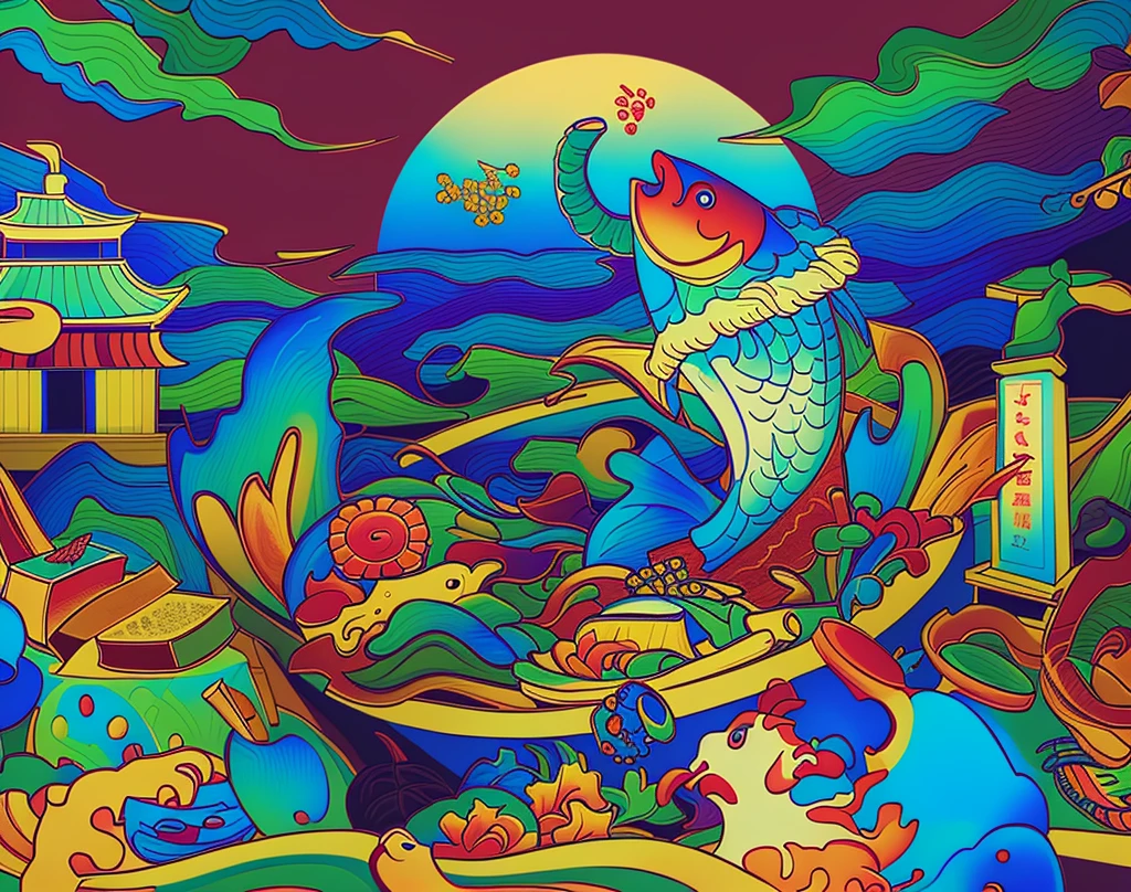 Cartoon illustration:A fish in the boat,There is plenty of food on board, Japanese illustrations, inspired by Utagawa Yoshitsuya, Inspired by Yoshida Hanbei, Amazing food illustrations, Inspired by Utagawa Yoshitaki, Inspired by Utagawa Kuniyoshi, A beautiful artistic illustration, Inspired by Utagawa Kunimasa, Full-color digital illustrations