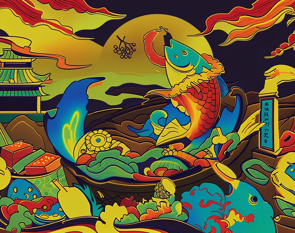 Cartoon illustration:A fish in the boat,There is plenty of food on board, Japanese illustrations, inspired by Utagawa Yoshitsuya, Inspired by Yoshida Hanbei, Amazing food illustrations, Inspired by Utagawa Yoshitaki, Inspired by Utagawa Kuniyoshi, A beautiful artistic illustration, Inspired by Utagawa Kunimasa, Full-color digital illustrations