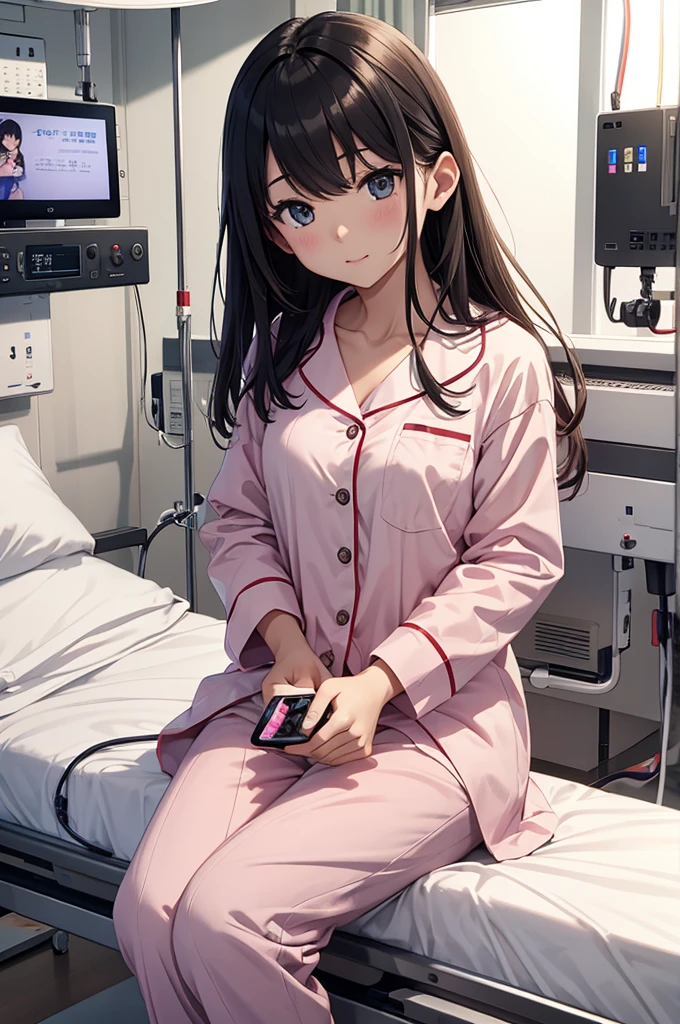 、Watching a smartphone in a hospital bed。In pajamas、1People Girls、picture