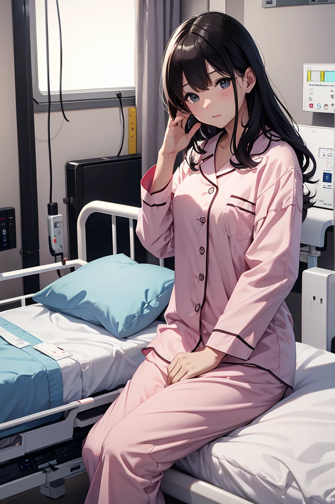 、Watching a smartphone in a hospital bed。In pajamas、1People Girls、picture