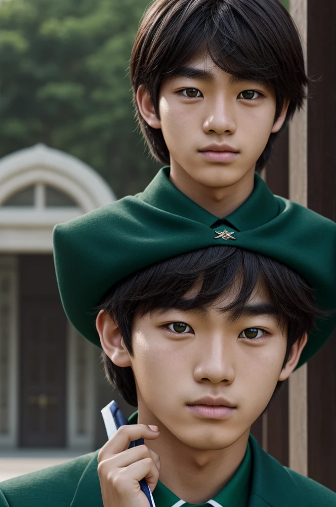 Young Korean realistic style ager with hogwarts Slytherin uniform, tanned skin with freckles on his cheeks and nose, blue and slanted eyes, profiled nose, dark brown hair slightly long and tousled