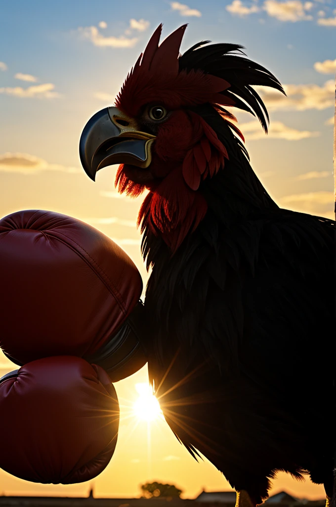 An angry rooster with boxing gloves and a sun in the background 