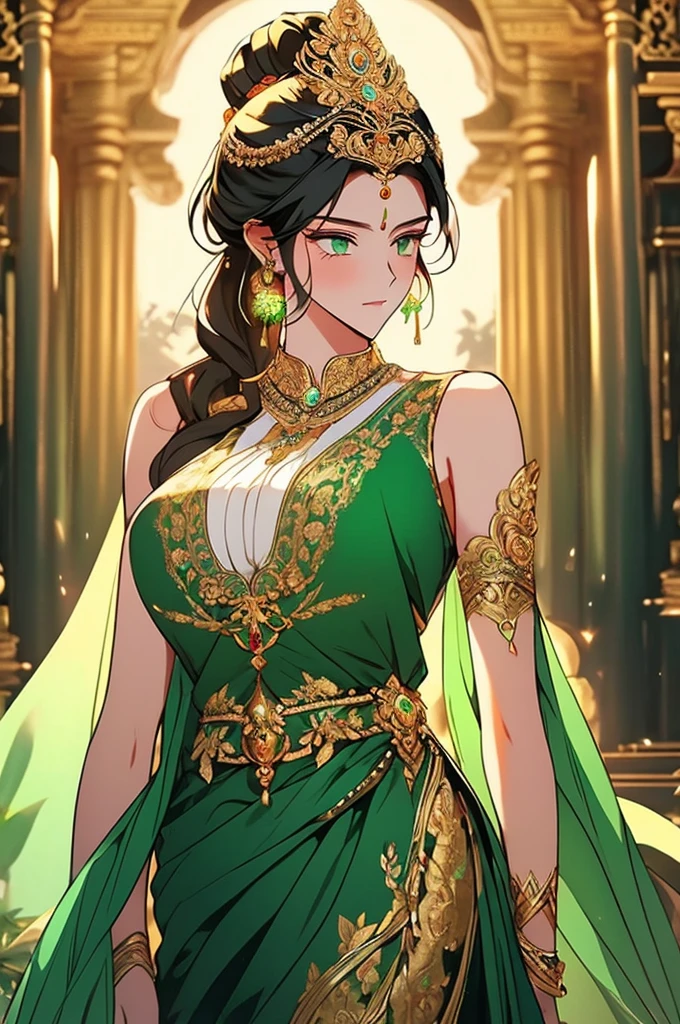 fantasy style, floral background, romance manhwa, 1girl, solo,  green eyes, ponytail, beautiful body, royal intricate sari, (ornate intricate golden chest armor), hairup, ornate big hairpin, forehead, (glowing forehead ornate headpiece), hindu, twilight, temple, forest, moss, mirage, trees, detailed embroidered, sleeveless, cowboy shot,