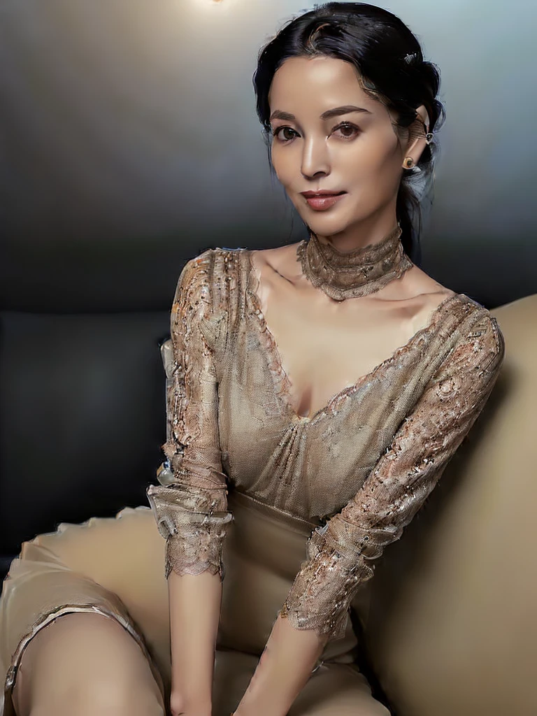 (((Ultimate Photorealistic, ultimate high-quality 32k photo))),(((American-shot photo taken from the front, looking at viewer seriously ))),(((( Seductive pose, 7 heads、Staring Intently :1.8)))),(((She has the perfect proportions of a goddess ,she is wearing a half sleeves matte dark beige classic elegant Transparent lace fabric very lacy one piece semi–long dress that fits her perfectly,Wide open V-neck, She is looking straight at the camera with a very shy look on her face.。light makeup、elegant black wet middle bob。An elegant and simple beige very thin choker.:1.4)))。((Highest quality)), ((masterpiece)), (((detailed))), (((midnight ,Modern hotel bar on a dark pouring stormy night, Sitting with Knees Up on sofa , spread legs, showing groin parts, very Low Key Lighting:1.9)))、(((A very beautiful, extremely elegant and intelligent 42 year old Japanese woman。A feminine, curvaceous body。Beautiful line from hips to thighs、Extremely beautiful legs and calves、The cleavage, thighs and groin parts are extremely visible.、An extremely elegant, calm and modest smile, My eyes are extremely watery、I'm very horny、embarrassed ,blush, Curvy Body、Extremely realistic, detailed and beautiful depiction of face, décolletage, thighs and groin parts,Beautiful knees,Ultra-realistic skin texture:1.9)))、(((The skin is white and very soft。A very hot rainy summer night、I'm pretty sweaty、Her underwear and clothes are quite see-through、When wet, it sticks tightly to the skin, revealing the beautiful lines of the body.、The skin is clearly visible through the extremely thin fabric.:1.9)))。((Healthy Body、The line of the chest, collarbone and extremely beautiful and feminine décolleté are the ultimate beauty.:1.9))。(((large&good hips、large&nice chests )))