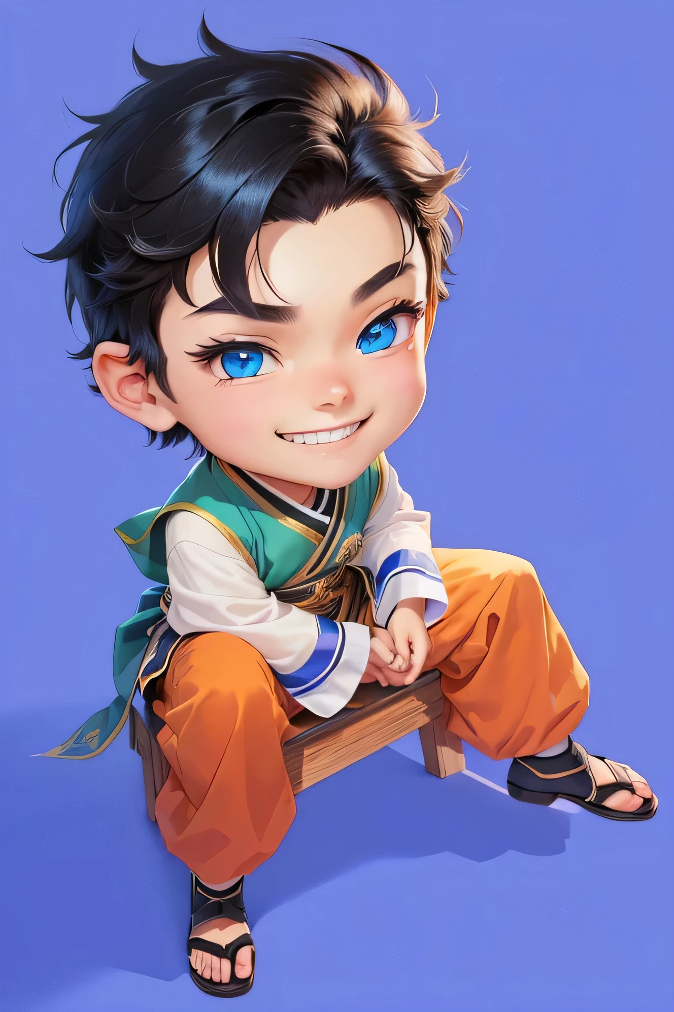 A cartoon boy with blue eyes and black hair sitting on a wooden stool and smiling happily, Official Character art, Official Art, Character art, High-quality character design, g liulian art style, inspired by Cao Zhibai, girl, Official Artwork, anime style character, Merge roles, High-quality fanart, Inspired by Huang Shen, High-resolution artwork
