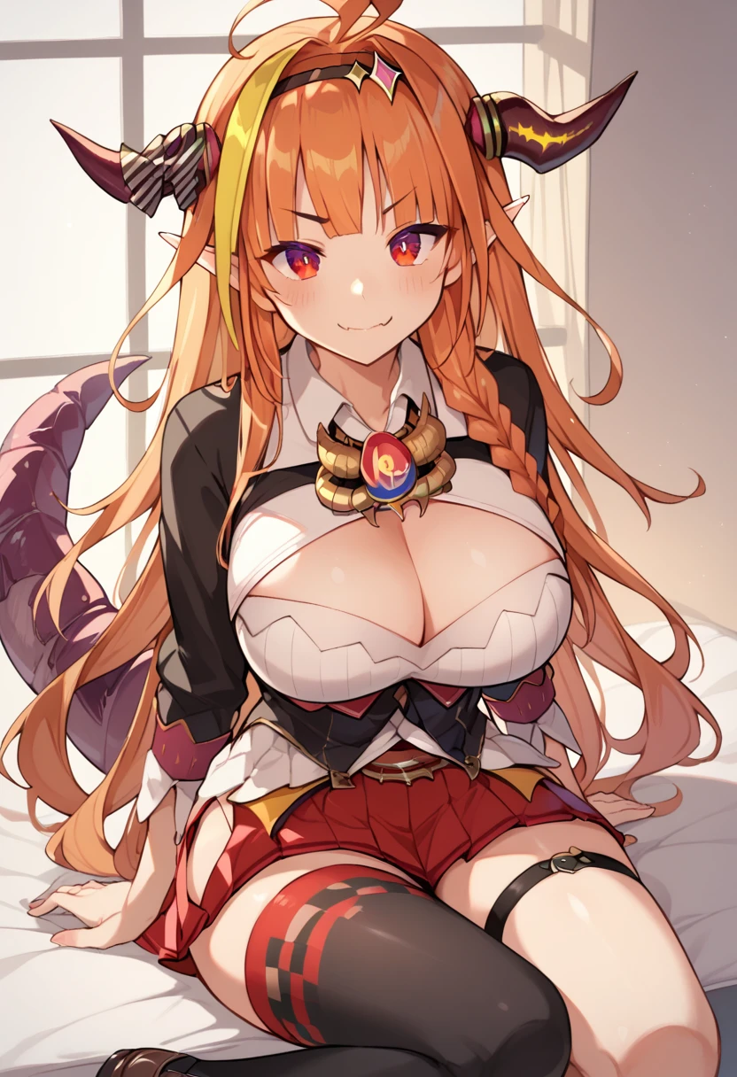 score_9, score_8_up, score_7_up, 1girl, kiryu_coco, kiryu_coco, coco_default, orange hair, long hair, streaked hair, single braid, black hairband, red eyes, pointy ears, horn bow, large breasts,, dragon tail, black jacket, white shirt, collared shirt, cleavage cutout, brooch, red skirt, single thighhigh, thigh strap, asymmetrical legwear, black sock, loafers, full body, sitting on coach, 