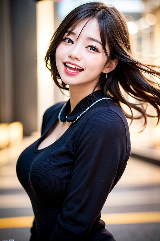 (8K, Raw photo:1.2), Detailed face and eyes, Best Quality, a beautiful girl, (huge Laughing:1.2), (open mouth:1.1), Soft cinematic light, Hyper-detailing, Sharp Focus, High quality, Blurred Background, Particles of light, Strong winds,