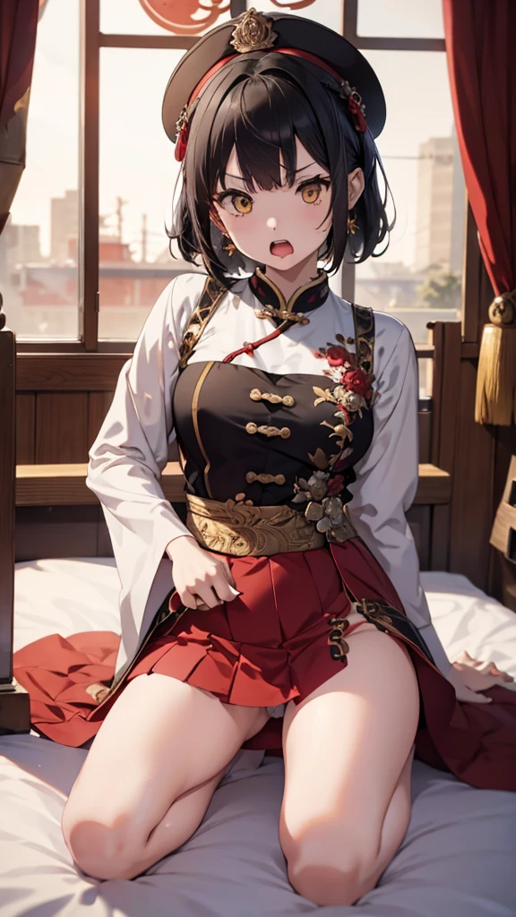A female empress, short white hair, with yellow eyes, red nails, mostrando os peitos, legs open showing pussy, with an angry face and a provocative look, mouth open with tongue out. Wearing traditional Chinese imperial clothing, decorated in gold with black details, with red Hanafuda earrings, with a short red skirt. On your knees on a hotel room bed with a penis in your pussy, with a sunset in the window in the background.