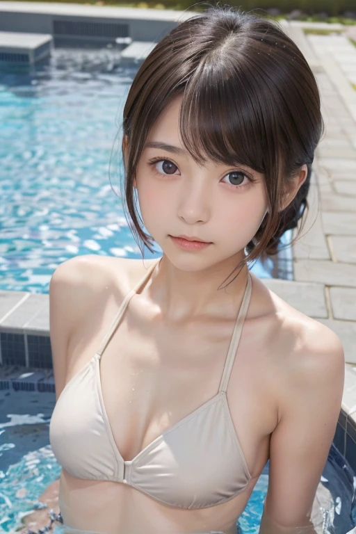 Highest quality, RAW Photos, Realistic, face, Incredibly beautiful girl, cute, length Hair,ponytail，Written boundary depth, High resolution, 超detailed, detailed, Very detaileded, extremely detaileded eye and face, Sharp pupils, Realistic students, Sharp focus, Cinema Lighting, Japanese, Short Woman,  Physical build, Short arms, length, Narrow eyes, Fleeting atmosphere, ************, Brown Bob Hair, ((thin唇)), White top and bottom underwear, masterpiece, Highest quality, detailedな肌, detailedなface, fine grain, 8K, Excellent anatomy, Upper body portrait，flat breasts, small breasts, small,( small bust: 1.2), small bust, (slim, small, flat, small), thin, Delicate and sexy collarbone, One Girl, (beautiful girl, Delicate girl:1.3), (************:1.3),
break, (ワンピースSwimwear, Swimwear:1.2),
break, (Pool:1.3),
break, Very beautiful eyes, (Symmetrical eyes:1.3),
break, small胸, Brown eyes, Parted bangs, Brown Hair, (Upper teeth, 最高の笑face:0.2),
break, (目とfaceの細部まで:1.0),
break, (masterpiece, Highest quality, 超detailed, detailedなface, 8K)