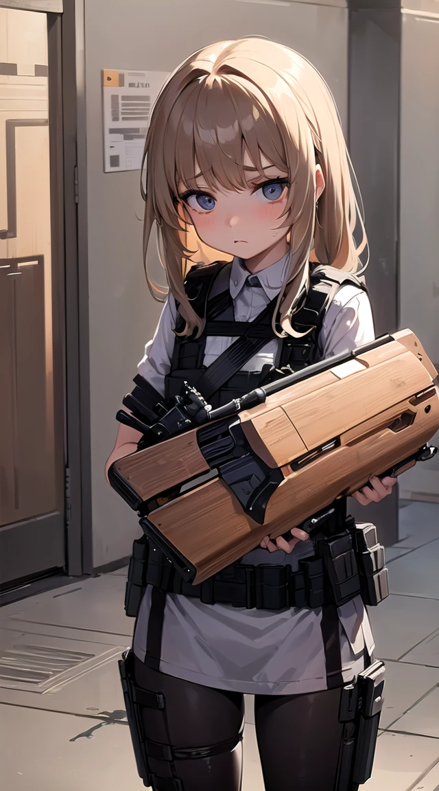Masterpiece,a girl,(((((holding a semi-auto rifle))))),bulletproof vest,tactical,brown leggings,long straight hair,(scared:1.4),(huddle:1.5),(flushing:1.2),peed in her pants