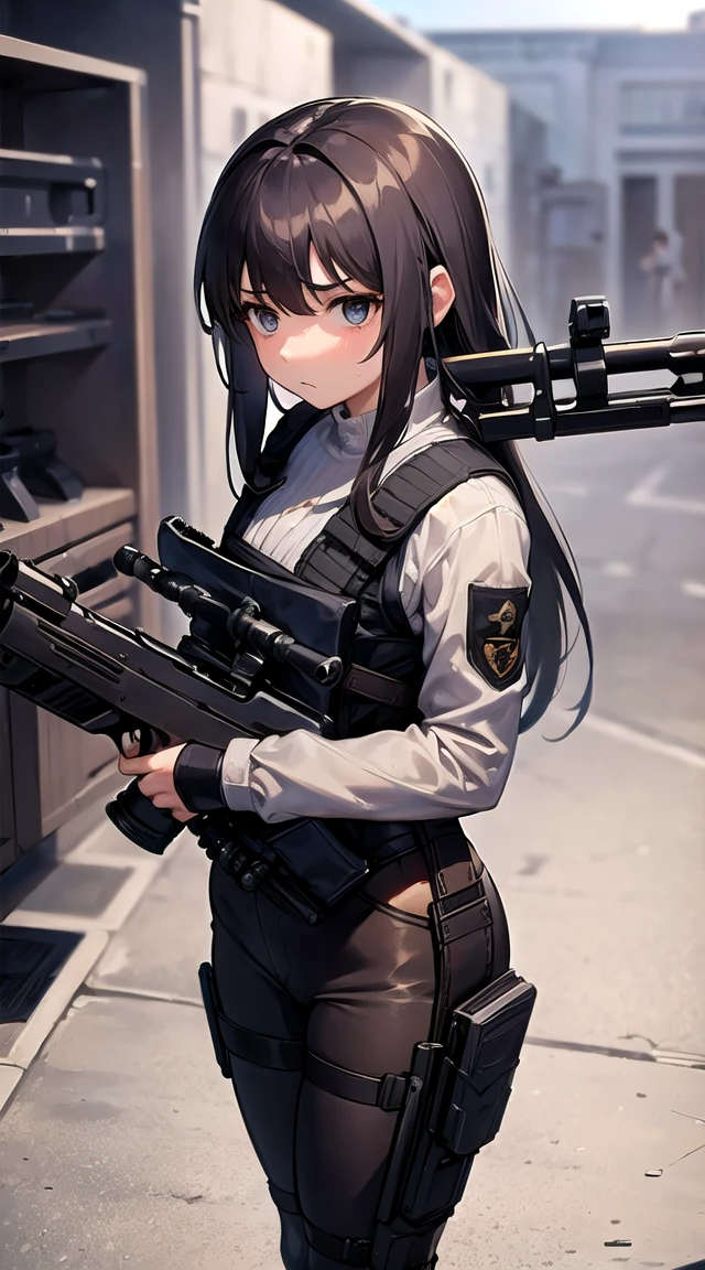 Masterpiece,a girl,(((((holding a semi-auto rifle))))),bulletproof vest,tactical,brown leggings,long straight hair,(scared:1.4),(huddle:1.5),(flushing:1.2),peed in her pants