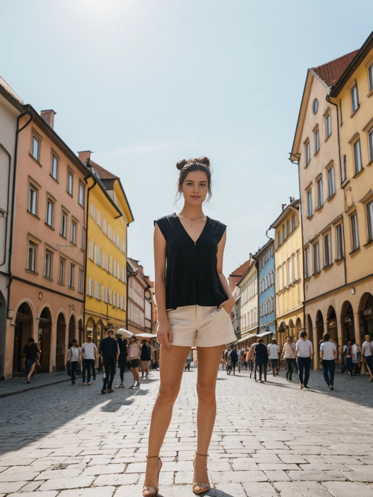 her name is Amelie, high quality, 1girl, ((20-year-old fit Caucasian woman)), ((20 years old)), ((fit)), ((Half-Up Bun dark hair)), pose: standing, wearing stylish Generation-Z modern wear light colored, BACKGROUND:In the Rynek Główny, Europe's largest medieval square, surrounded by colorful townhouses and the Cloth Hall.