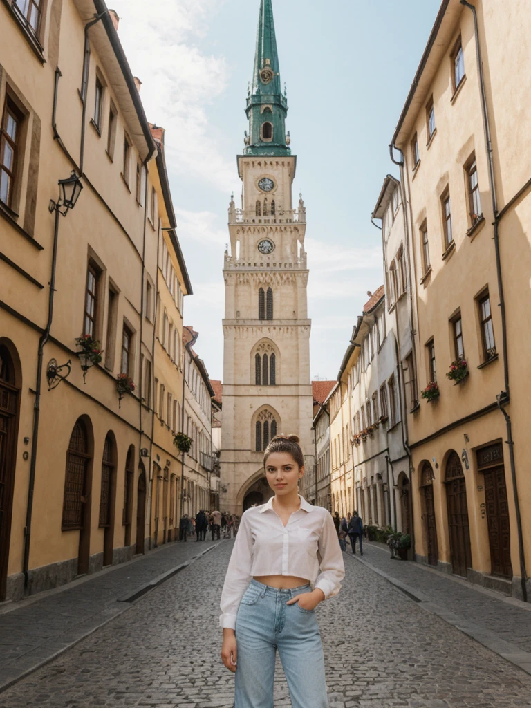 her name is Amelie, high quality, 1girl, ((20-year-old fit Caucasian woman)), ((20 years old)), ((fit)), ((Half-Up Bun dark hair)), pose: standing, wearing stylish Generation-Z modern wear light colored, BACKGROUND:In the Rynek Główny, Europe's largest medieval square, surrounded by colorful townhouses and the Cloth Hall.