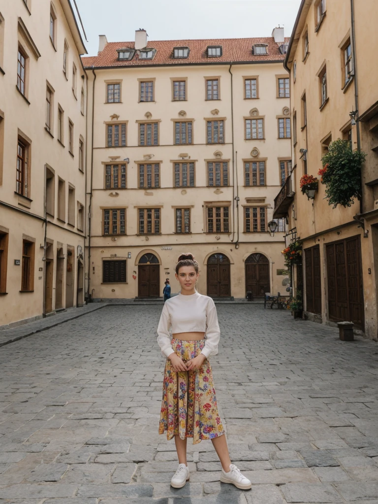 her name is Amelie, high quality, 1girl, ((20-year-old fit Caucasian woman)), ((20 years old)), ((fit)), ((Half-Up Bun dark hair)), pose: standing, wearing stylish Generation-Z modern wear light colored, BACKGROUND:In the Rynek Główny, Europe's largest medieval square, surrounded by colorful townhouses and the Cloth Hall.