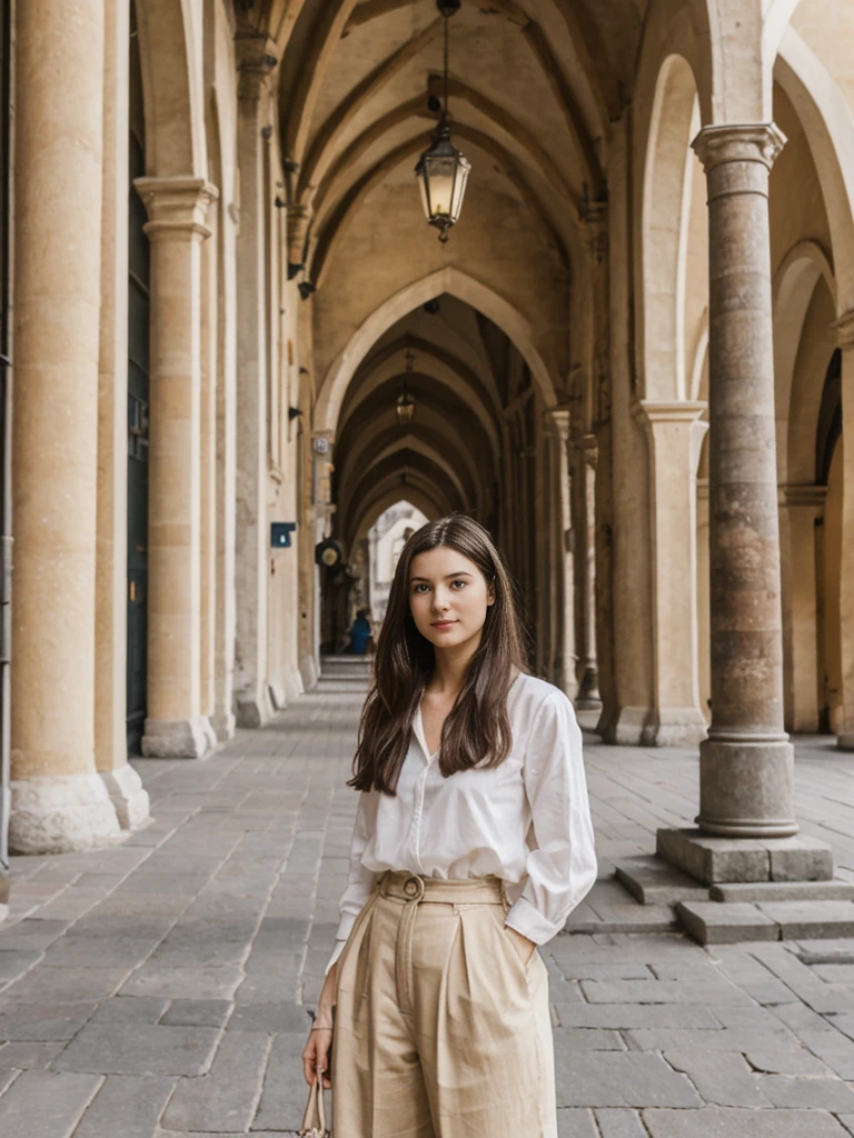 her name is Amelie, high quality, 1girl, ((20-year-old fit Caucasian woman)), ((20 years old)), ((fit)), ((Half-Up Bun dark hair)), pose: standing, wearing stylish Generation-Z modern wear light colored, BACKGROUND:In the Rynek Główny, Europe's largest medieval square, surrounded by colorful townhouses and the Cloth Hall.