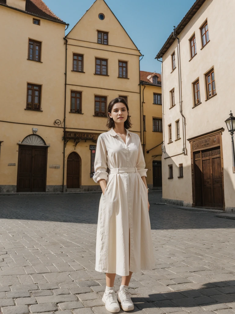 her name is Amelie, high quality, 1girl, ((20-year-old fit Caucasian woman)), ((20 years old)), ((fit)), ((Half-Up Bun dark hair)), pose: standing, wearing stylish Generation-Z modern wear light colored, BACKGROUND:In the Rynek Główny, Europe's largest medieval square, surrounded by colorful townhouses and the Cloth Hall.