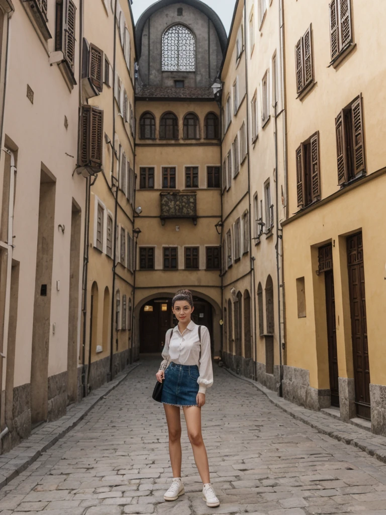 her name is Amelie, high quality, 1girl, ((20-year-old fit Caucasian woman)), ((20 years old)), ((fit)), ((Half-Up Bun dark hair)), pose: standing, wearing stylish Generation-Z modern wear light colored, BACKGROUND:In the Rynek Główny, Europe's largest medieval square, surrounded by colorful townhouses and the Cloth Hall.