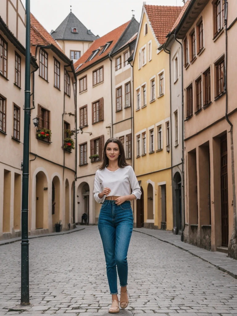 her name is Amelie, high quality, 1girl, ((20-year-old fit Caucasian woman)), ((20 years old)), ((fit)), ((Half-Up Bun dark hair)), pose: standing, wearing stylish Generation-Z modern wear light colored, BACKGROUND:In the Rynek Główny, Europe's largest medieval square, surrounded by colorful townhouses and the Cloth Hall.
