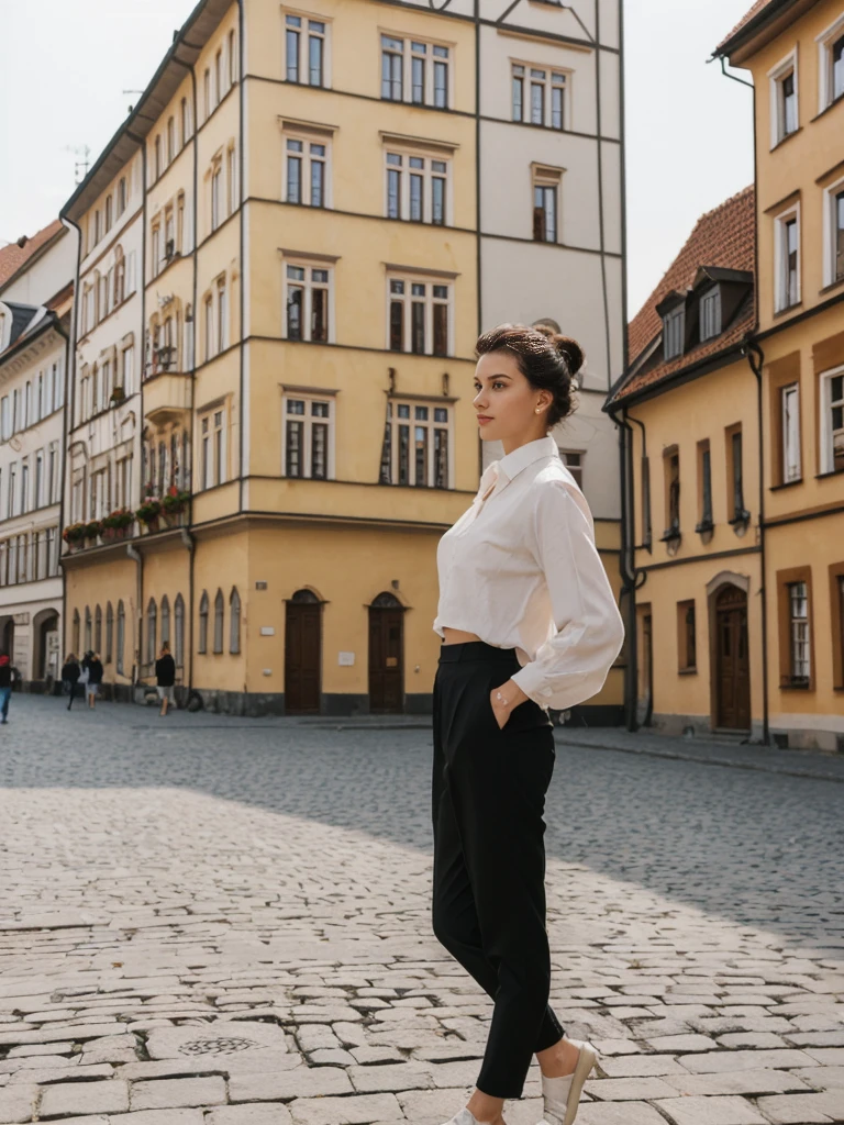 her name is Amelie, high quality, 1girl, ((20-year-old fit Caucasian woman)), ((20 years old)), ((fit)), ((Half-Up Bun dark hair)), pose: standing, wearing stylish Generation-Z modern wear light colored, BACKGROUND:In the Rynek Główny, Europe's largest medieval square, surrounded by colorful townhouses and the Cloth Hall.