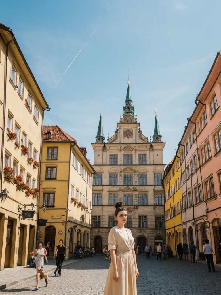her name is Amelie, high quality, 1girl, ((20-year-old fit Caucasian woman)), ((20 years old)), ((fit)), ((Half-Up Bun dark hair)), pose: standing, wearing stylish Generation-Z modern wear light colored, BACKGROUND:In the Rynek Główny, Europe's largest medieval square, surrounded by colorful townhouses and the Cloth Hall.