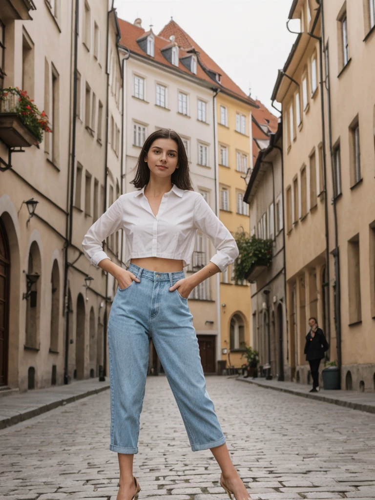 her name is Amelie, high quality, 1girl, ((20-year-old fit Caucasian woman)), ((20 years old)), ((fit)), ((Half-Up Bun dark hair)), pose: standing, wearing stylish Generation-Z modern wear light colored, BACKGROUND:In the Rynek Główny, Europe's largest medieval square, surrounded by colorful townhouses and the Cloth Hall.