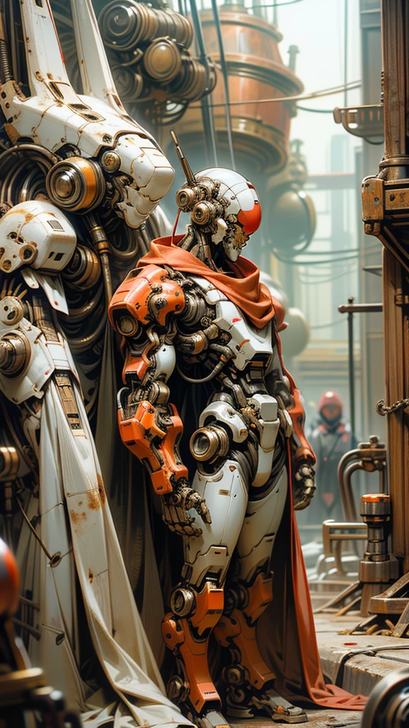 Dark_Fantasy,Cyberpunk,(chain saw,chain saw man,Red:1.1),1man,Mechanical marvel,Robotic presence,Cybernetic guardian, wearing a worn-out mech suit, intricate, (steel metal [rusty]), elegant, clear focus, New Star Ambassador Contest, mecha , with mecca armor
