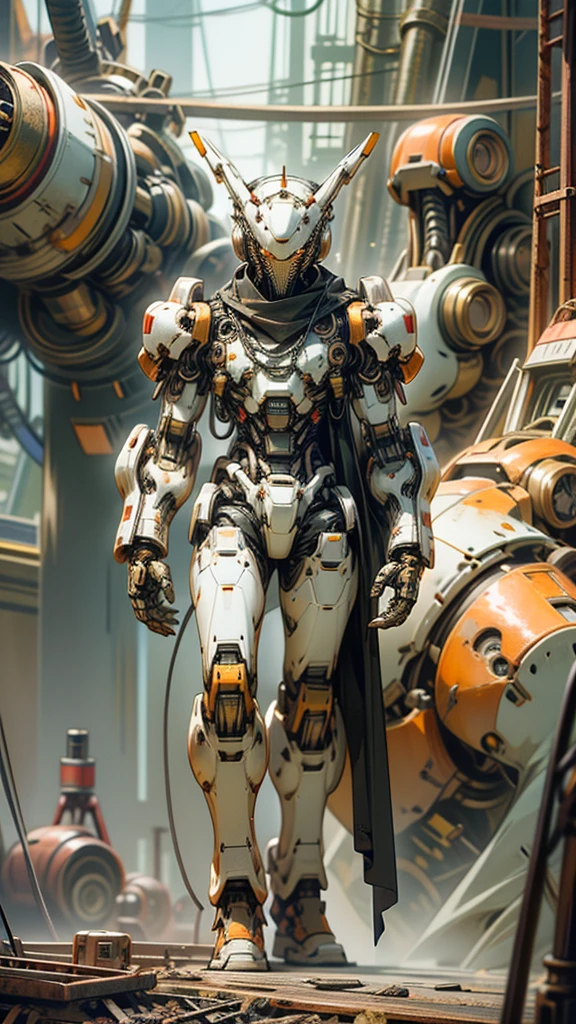 Dark_Fantasy,Cyberpunk,(chain saw,chain saw man,Red:1.1),1man,Mechanical marvel,Robotic presence,Cybernetic guardian, wearing a worn-out mech suit, intricate, (steel metal [rusty]), elegant, clear focus, New Star Ambassador Contest, mecha , with mecca armor