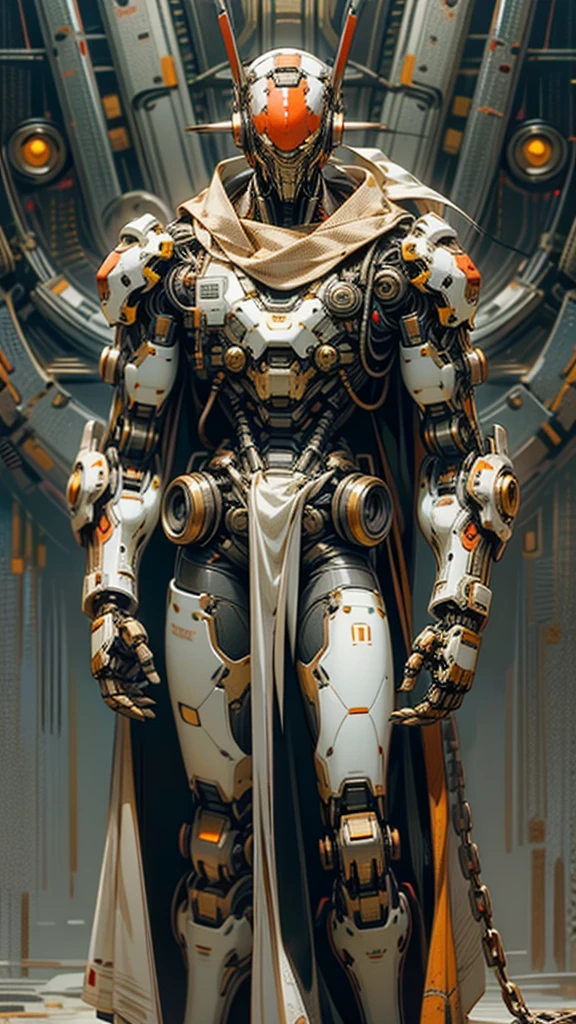 Dark_Fantasy,Cyberpunk,(chain saw,chain saw man,Red:1.1),1man,Mechanical marvel,Robotic presence,Cybernetic guardian, wearing a worn-out mech suit, intricate, (steel metal [rusty]), elegant, clear focus, New Star Ambassador Contest, mecha , with mecca armor