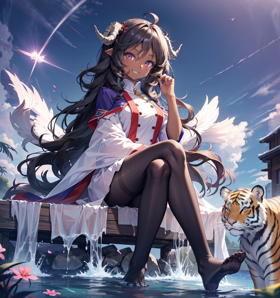 Dark-skinned female characters，(Extremely refined:1.5),1 Girl, sitting in water，Purple Eyes， The head has jet-black goat horns，Black Hair，Long curly hair，Sharp teeth，Smile，Tiger Teeth，Foot washing，Pantyhose，No shoes，ethereal and graceful