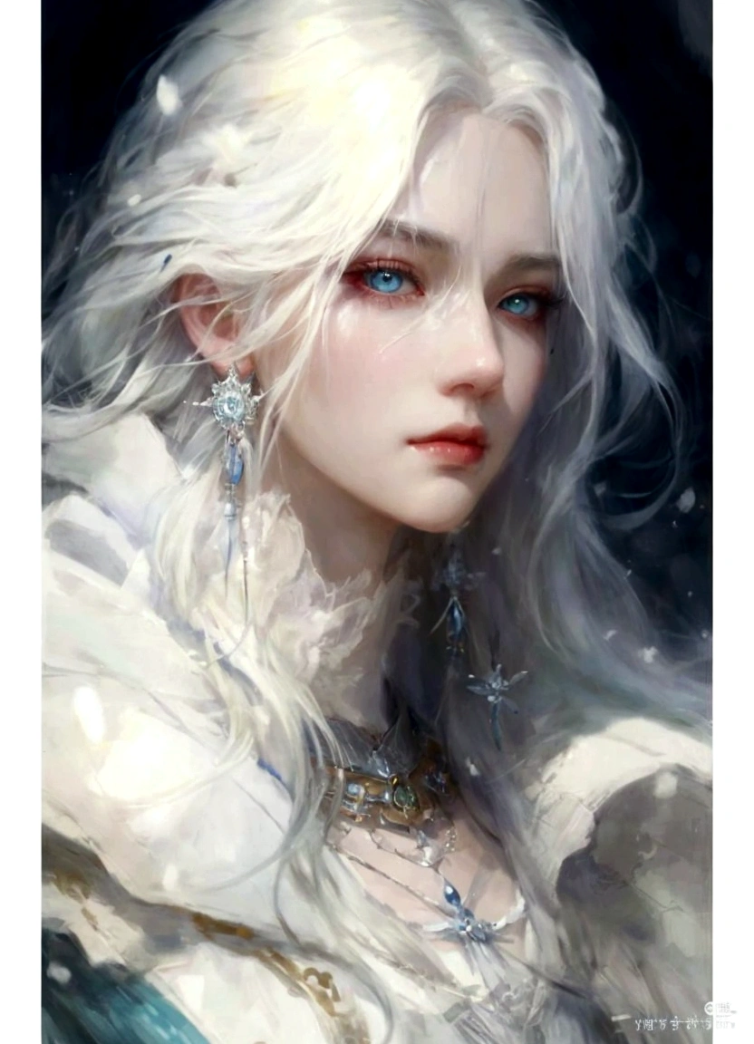 a painting of a woman with white hair and blue eyes, by Yang J, guweiz, artwork in the style of guweiz, beautiful character painting, by Ye Xin, girl with white hair, by Fan Qi, Guweiz Masterpiece, white hair deity, guweiz and artstation pixiv, with long white hair, by Ni Tian