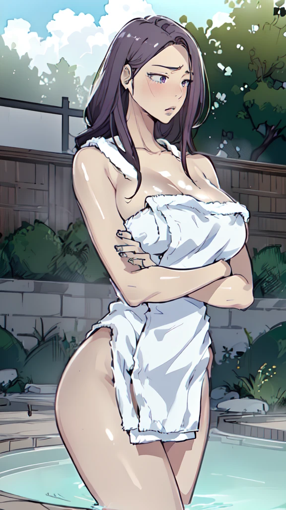 1girl, (older sister, huge breasts:1.4), wide hips, curvy, naked towel, collarbone, lips, HDR, big ass, realistic, hyper detail,very precise detailed,ultra high resolution,extremely detailed CG unity 8k wallpaper,(Realistic,Photorealsitic,hyper realisitic:1.5), girls only, dynamic lighting, ((bold imaginative poses)), (Glossy skin:1.5), masterpiece, highest quality, disorganized, Audience,(Wearing a bath towel:1.4), (purple hair 1.4),((beautiful, fine eyes:1.3)),(wet clothes:1.4), thin, High resolution, sharp focus, Depth of the bounds written, eye for detail, clear eyes, ((Aesthetic Anime Eyes:1.4)), outdoors, sunrise sky,Open-air bath at a long-established hot spring inn,(Wearing a bath towel:1.4)